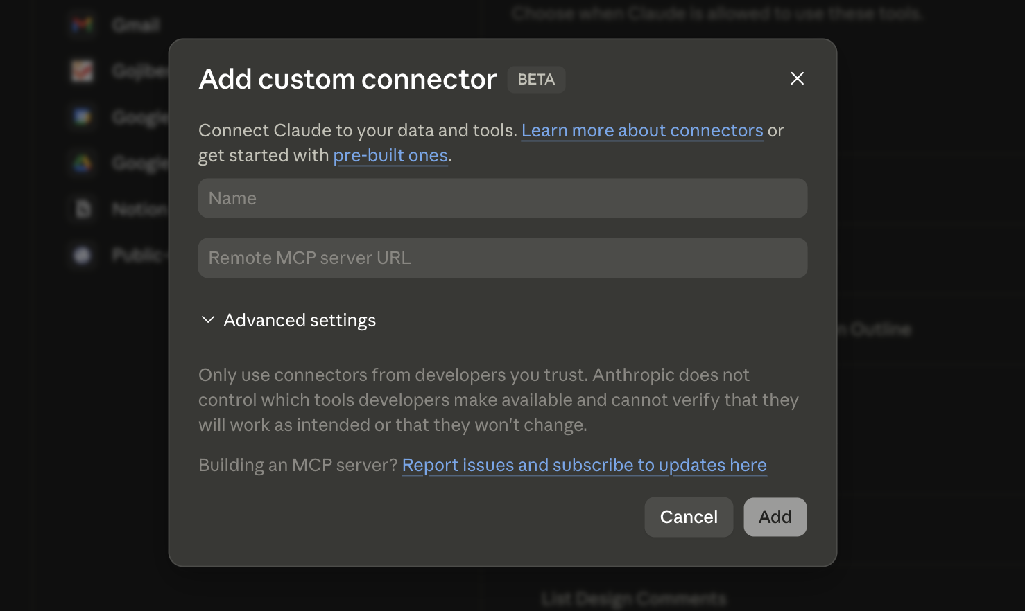 Fenêtre « Add custom connector » dans claude.ai